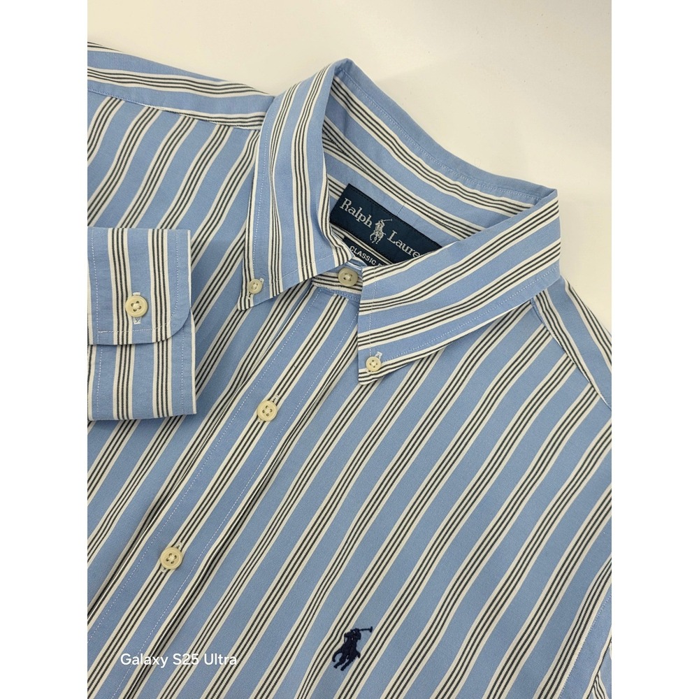 Ralph Lauren Mens Classic Fit Striped Button Down Shirt Blue‎ White Large